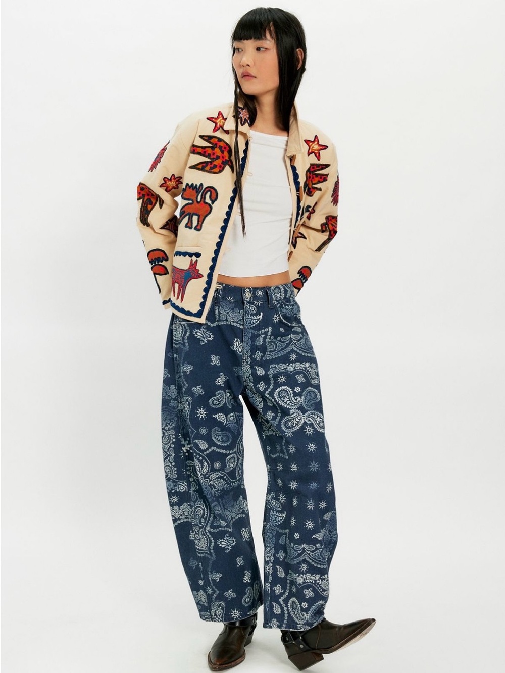 We The Free Good Luck Printed Barrel Jeans -Navy Bandana